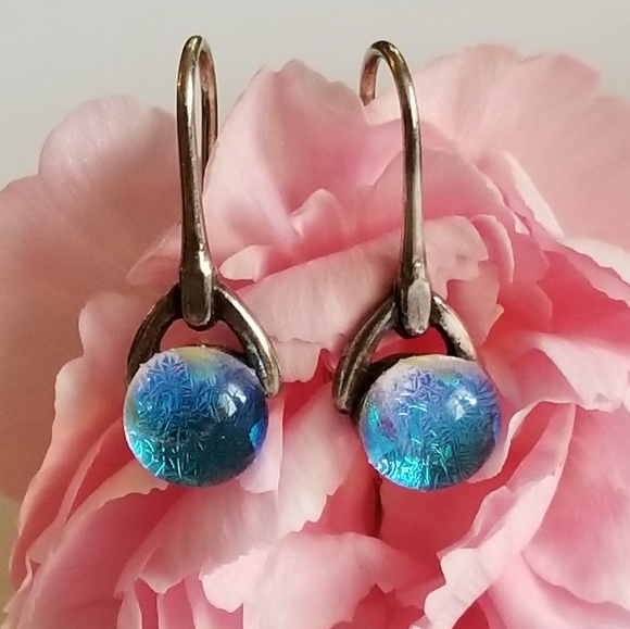 Jewelry - Relisted -Sterling Silver iridescent drop earrings 925 glass blue dainty